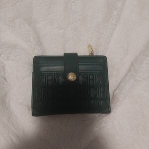 Carolina Herrera Dark Green Embossed Compact Wallet with Gold Button
